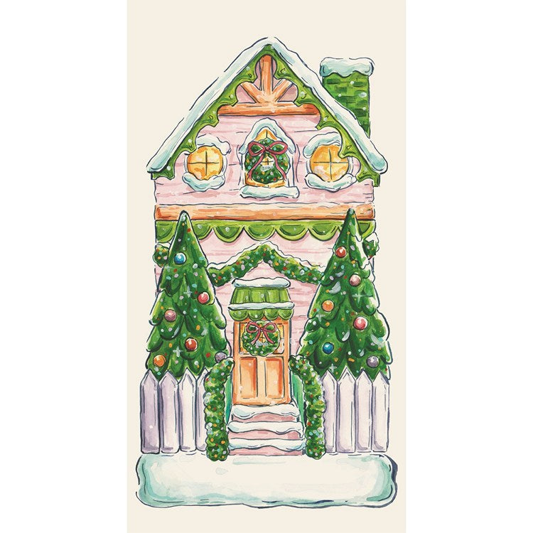 Pack of white folded napkins with a whimsical winter wonderland pattern featuring snowflakes and festive holiday designs.