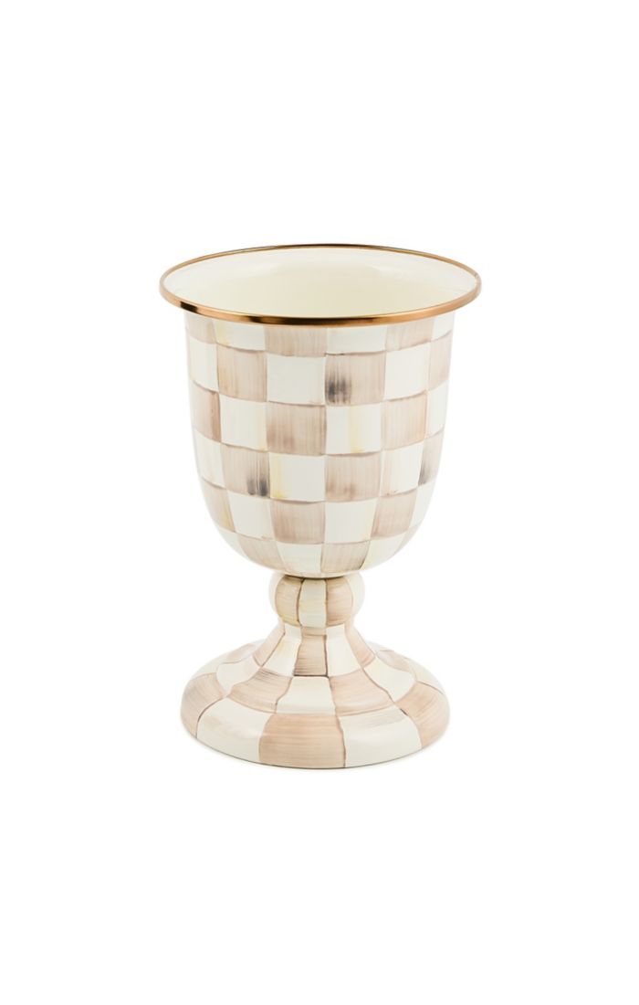 Check Pedestal Vase with hand-painted tan and cream checks and a bronzed stainless steel rim.