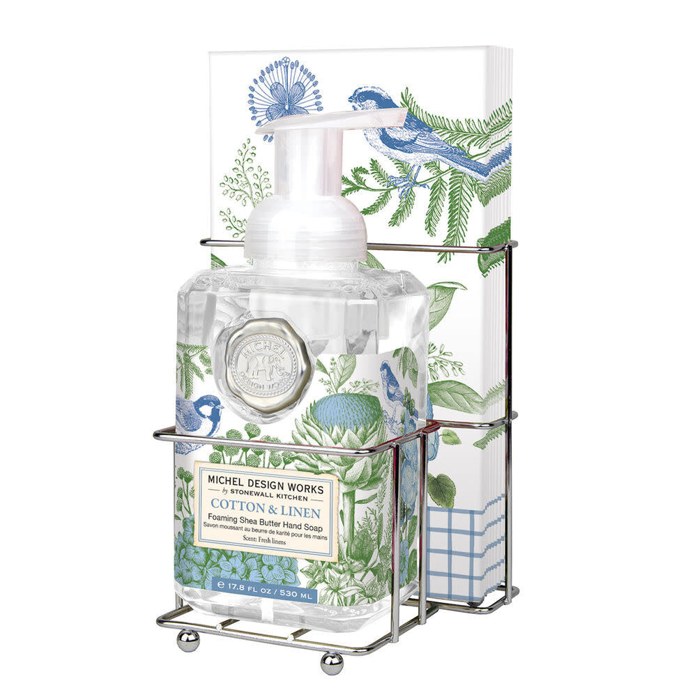 Cotton linen foaming hand soap napkin set with compact dispenser