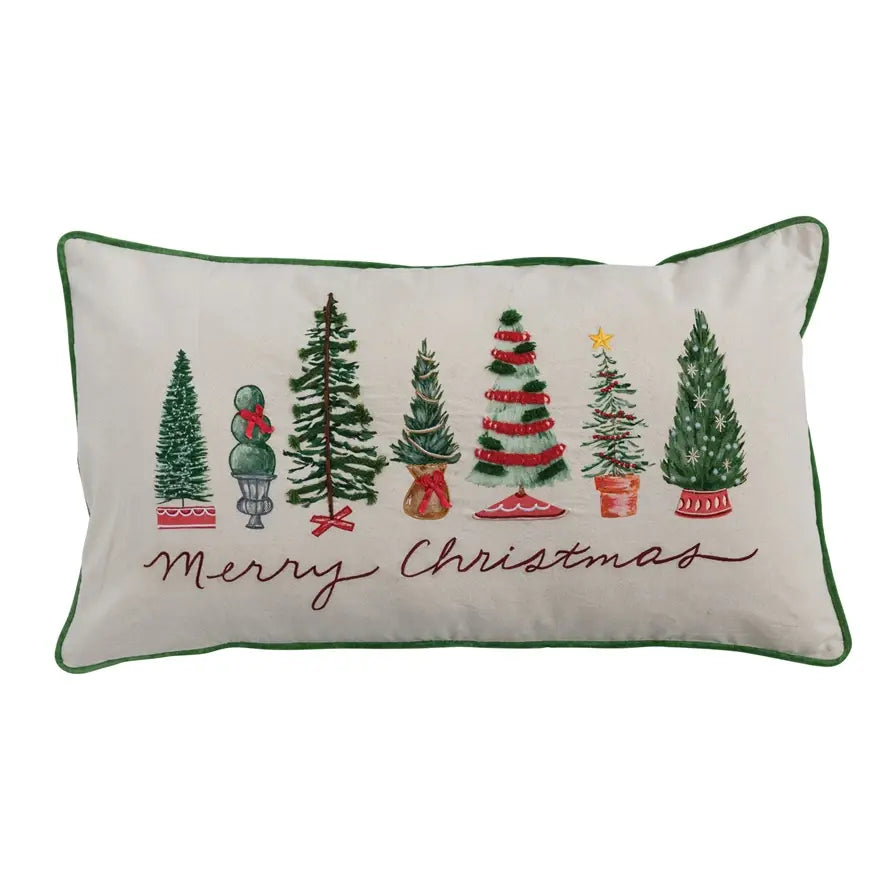 Cotton lumbar pillow with 'Merry Christmas' text in festive script on a neutral background.