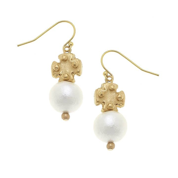 Front view of cotton pearl earrings with mini gold crosses inspired by Northern European styling.