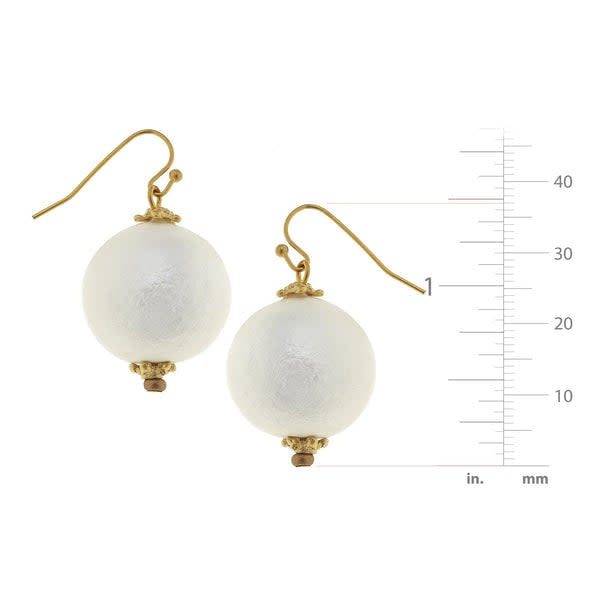 Triple plated gold cotton pearl drop earrings with a handspun texture.