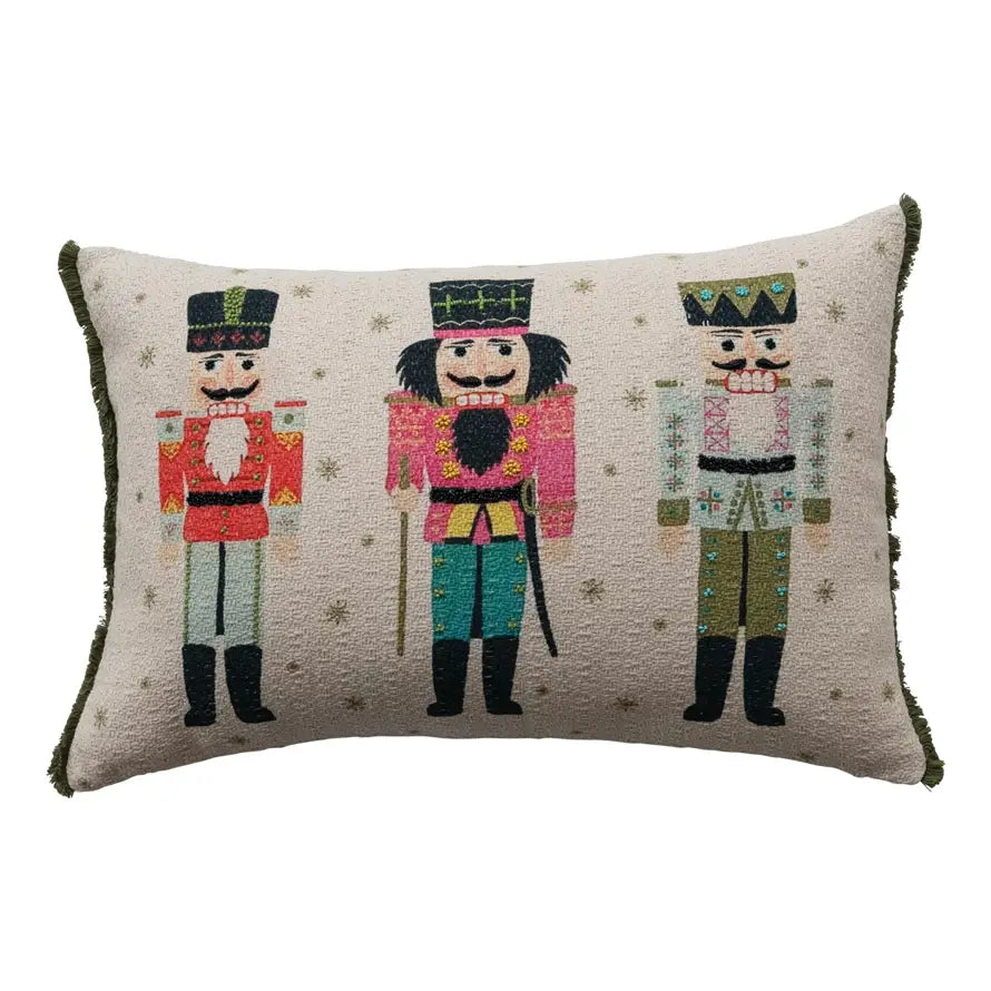 Cotton lumbar pillow with nutcracker print in festive holiday colors