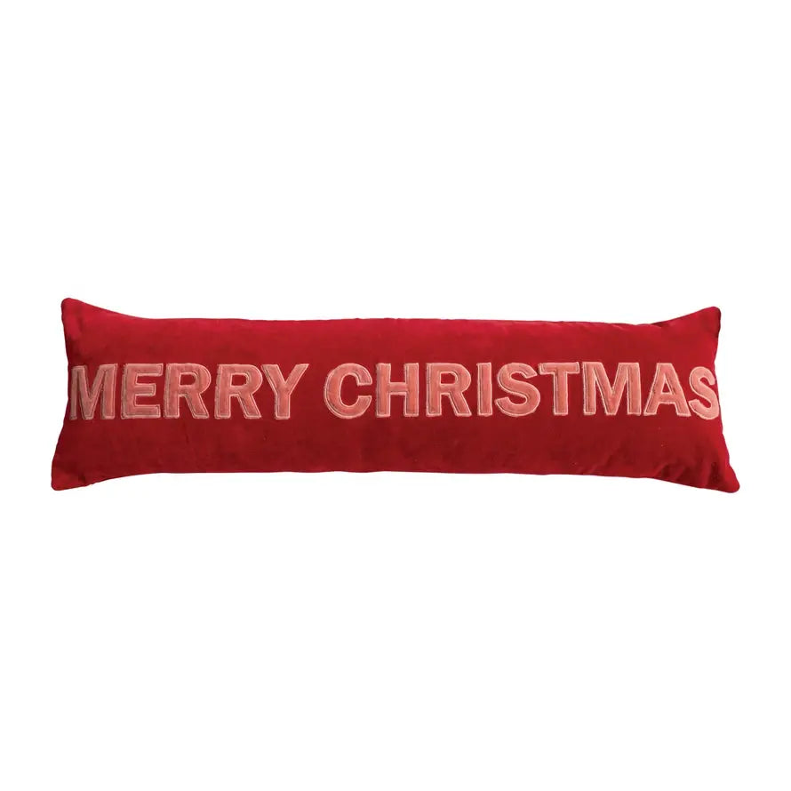 Cotton velvet lumbar pillow with embroidered Merry Christmas text in red on a neutral background.