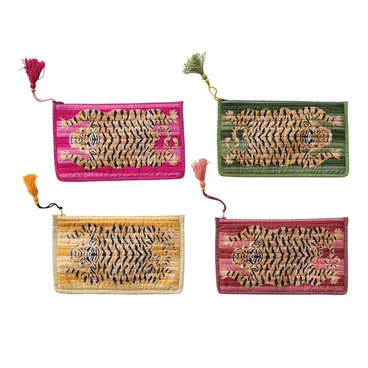 Cotton voile printed zip pouch with interior coating in a neutral tone.