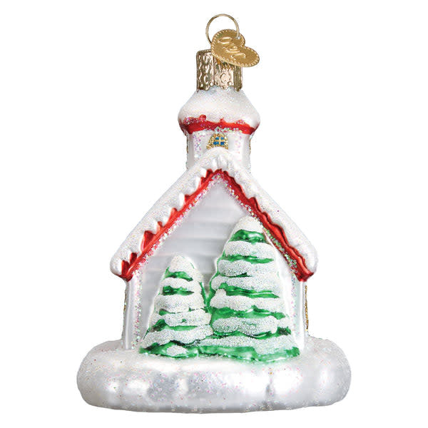 Back view of a Country Church ornament made of glass with a traditional church silhouette.