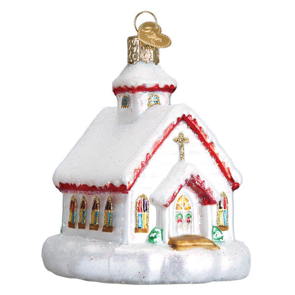 Country Church ornament featuring a white church building with red roof against blue sky.