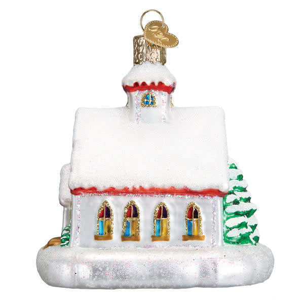 Glass church ornament with stained glass window detail on a silver-toned metal stand.
