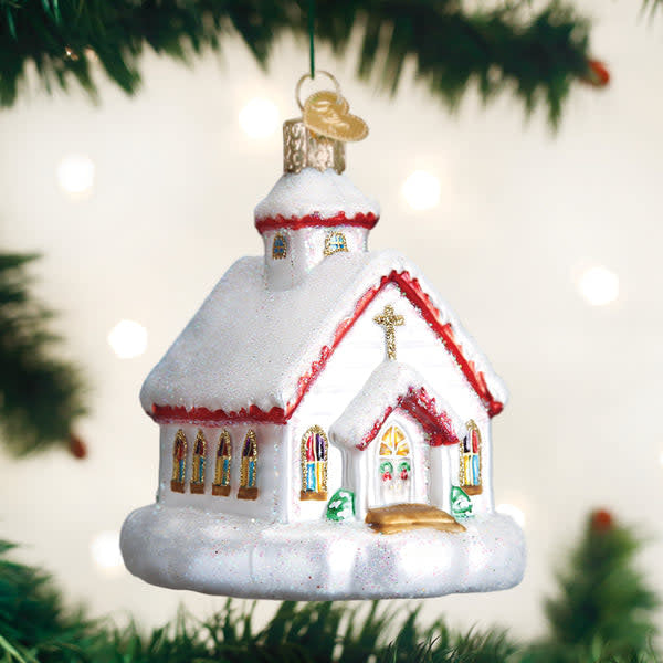 Country Church ornament with a white church silhouette on red glass.