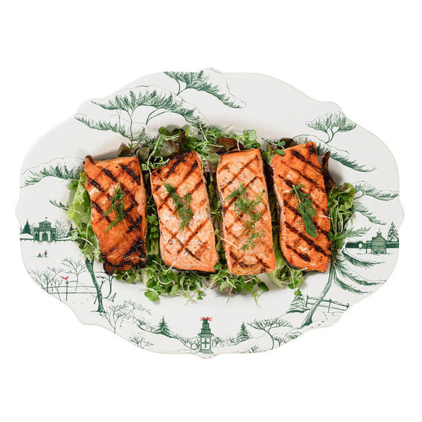 Evergreen Country Estate winter platter featuring snow-covered country estate scene with sleigh rides and a snowman.