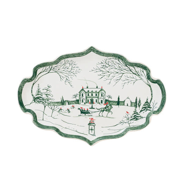 7-inch stoneware serving tray with white background featuring snow-covered country estate and festive evergreen pattern.