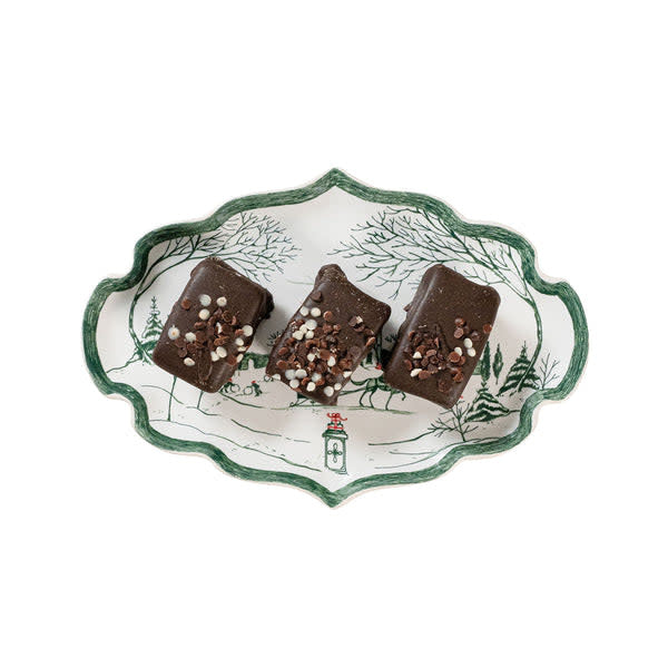 7-inch Country Estate stoneware tray with snow-covered evergreen pattern on white background.