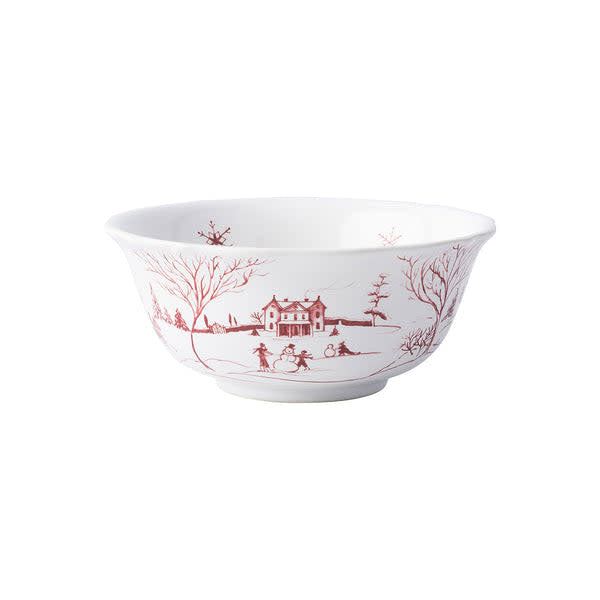 Ruby ceramic cereal bowl featuring playful woodland animal patterns in a winter landscape.