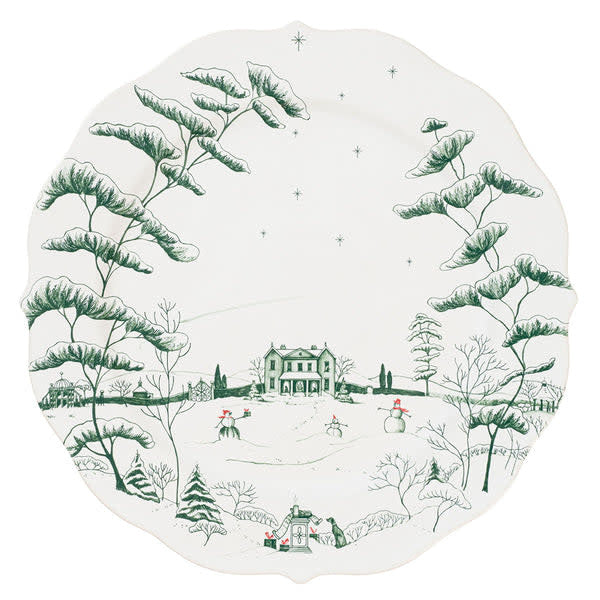 Evergreen stoneware charger with snowflake pattern and crimson accents