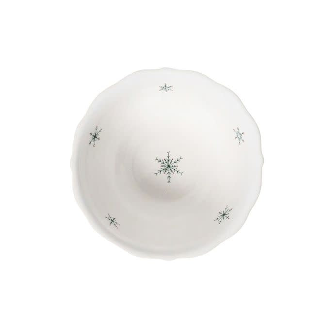 Ceramic cereal bowl featuring a winter evergreen scene with snow-covered trees on a country estate background.