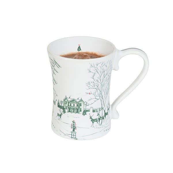 Stoneware winter frolic mug with evergreen illustrations and crimson accents