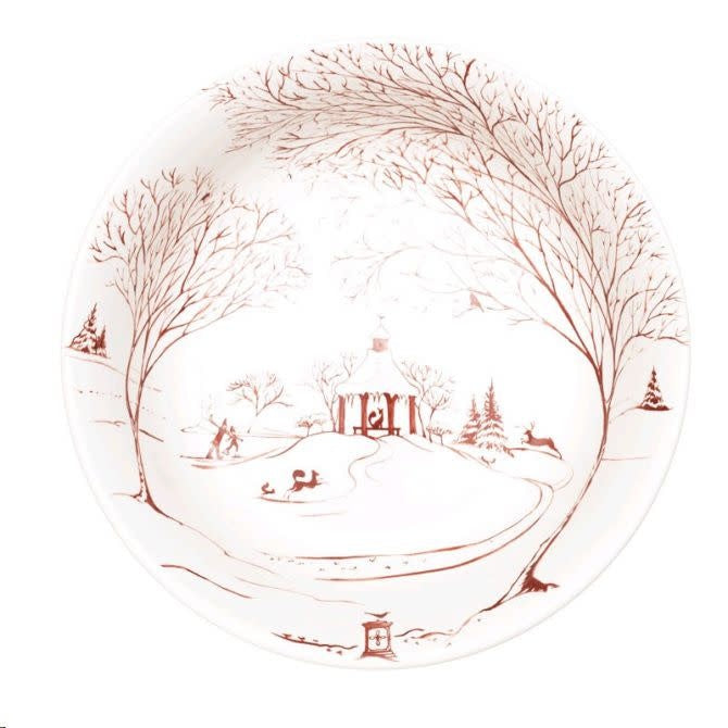 Ruby stoneware serving bowl featuring forest creatures dancing in a snowy garden scene.