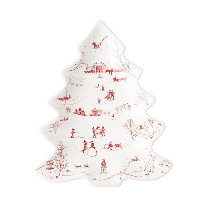 Ruby stoneware tray with winter frolic country estate holiday scene pattern