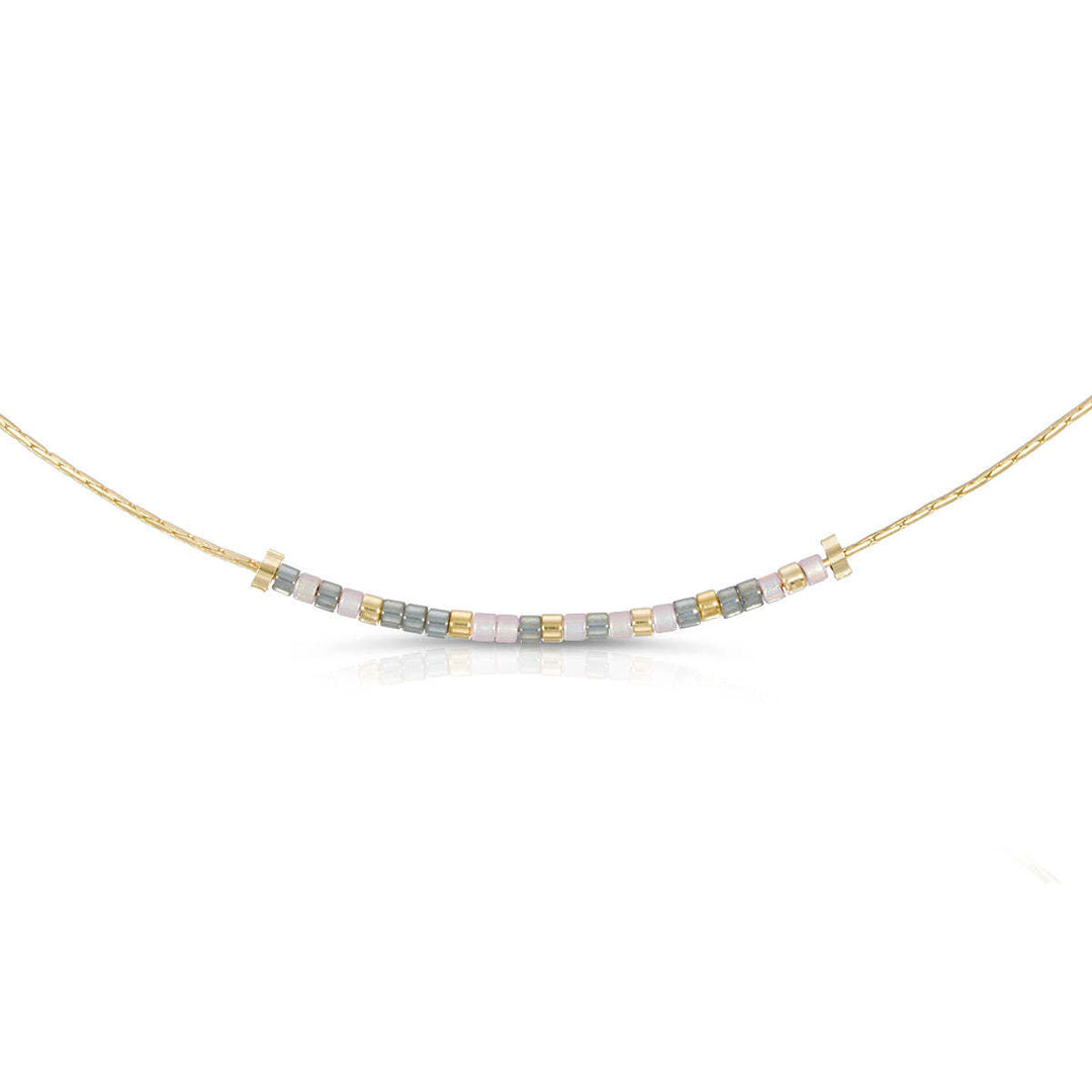 Courage necklace with iridescent gray and light pink glass beads featuring a Morse code message design on an 18-inch chain.