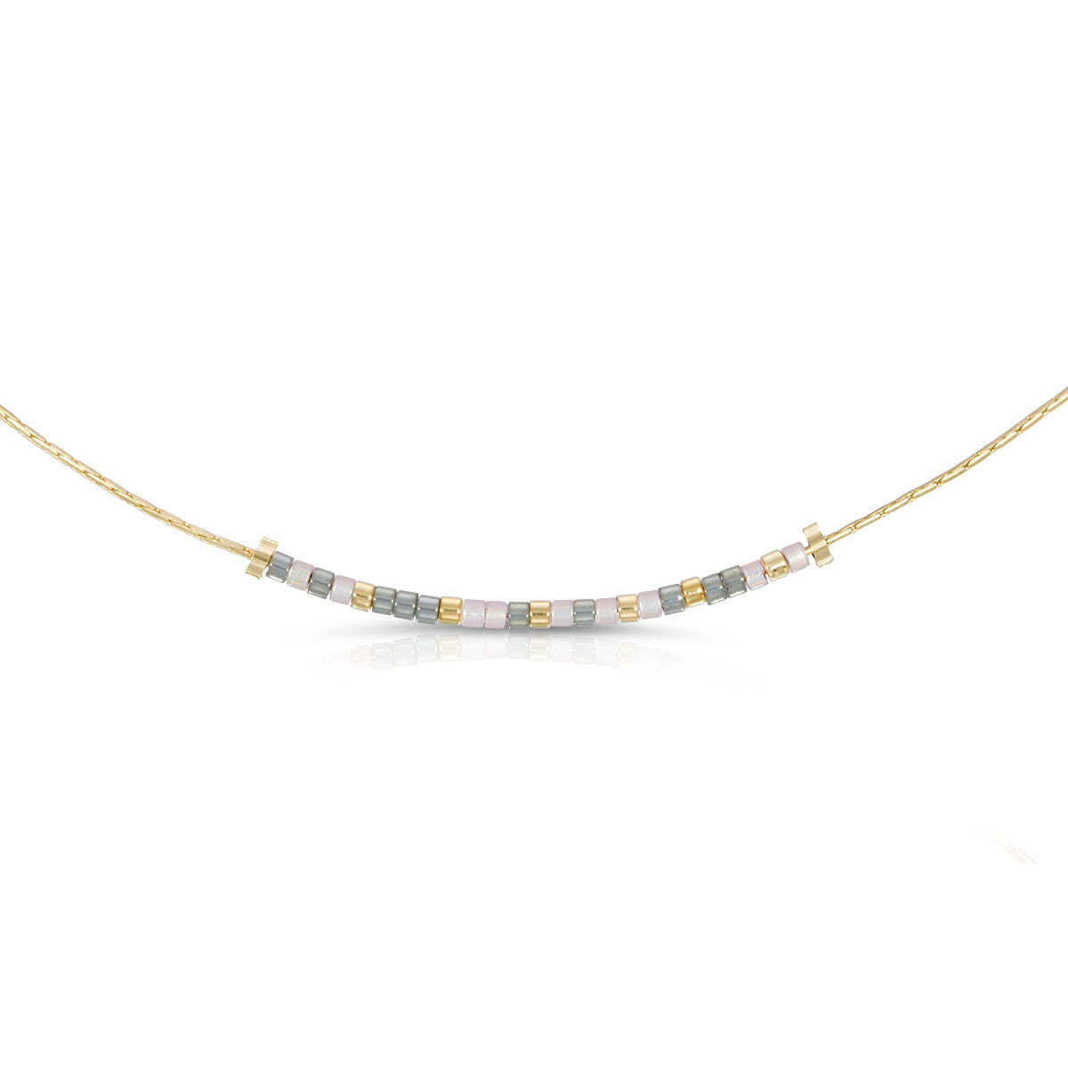 Courage necklace with iridescent gray and light pink glass beads featuring a Morse code message design on an 18-inch chain.