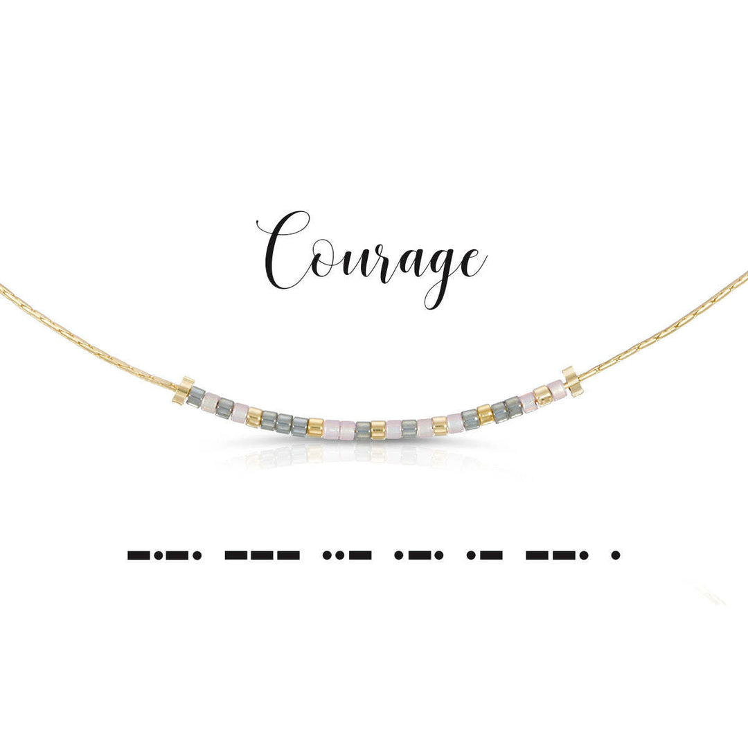 Courage necklace with iridescent gray and light pink glass beads in a neutral silhouette.