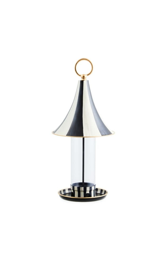 Hand-painted iron bird feeder with a courtly silhouette in black metal.