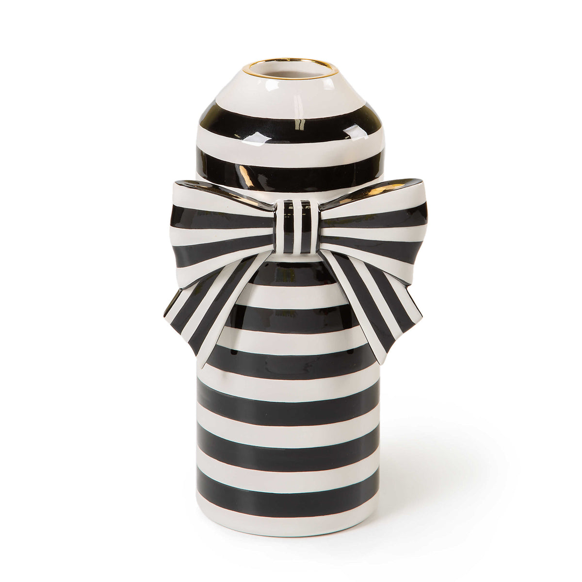 Ceramic Courtly Bow vase with dimensional striped bow trim in gold luster