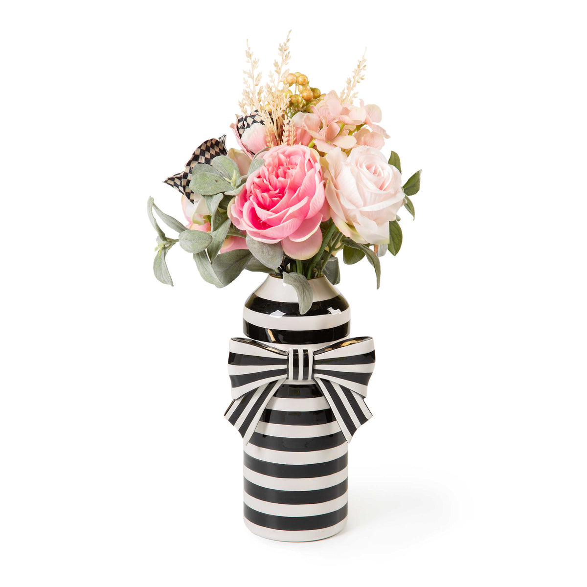 Ceramic Courtly Bow vase with dimensional striped bow trim in gold luster accents