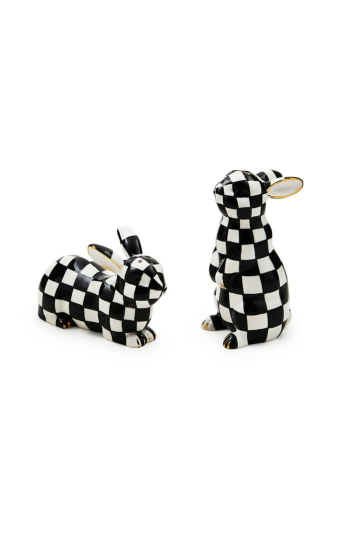 Dolomite ceramic salt and pepper set featuring a standing bunny figurine next to a resting bunny.