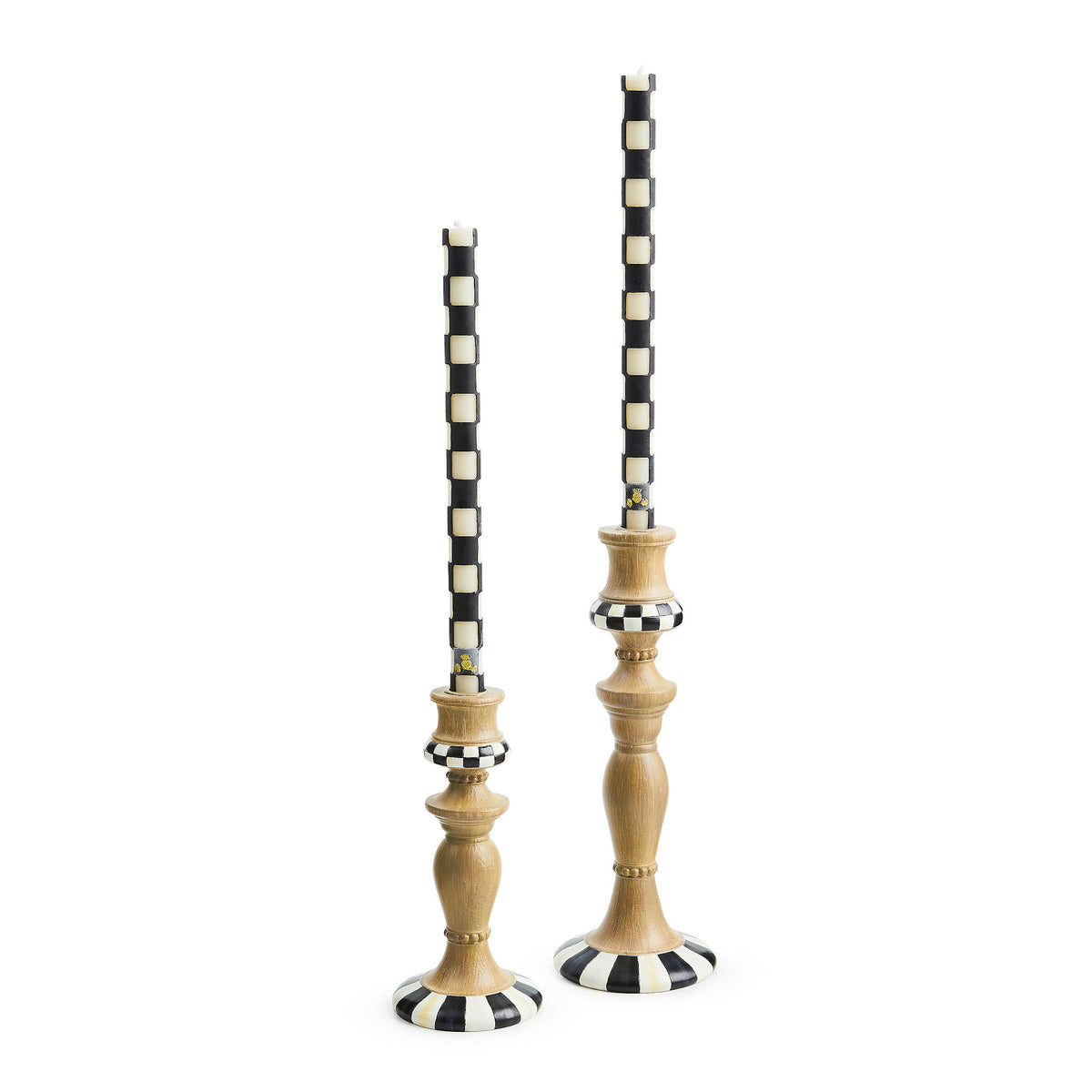 Hand-painted resin candlestick with wood finish base featuring Courtly pattern trim.