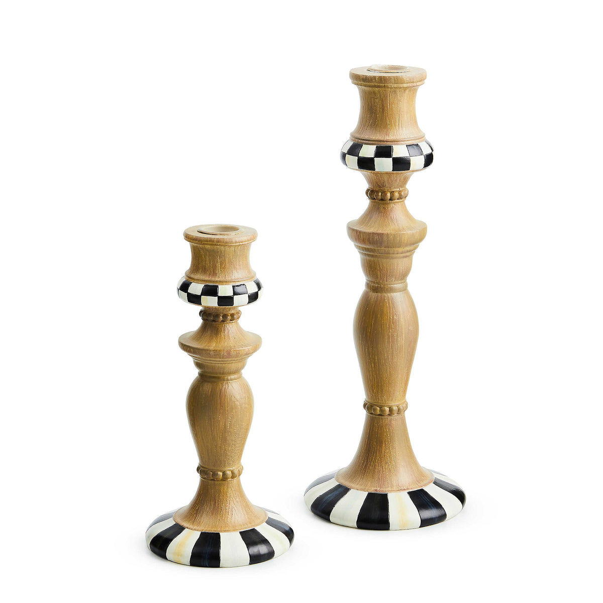 Hand-painted resin candlestick with wood finish base featuring Courtly pattern trim