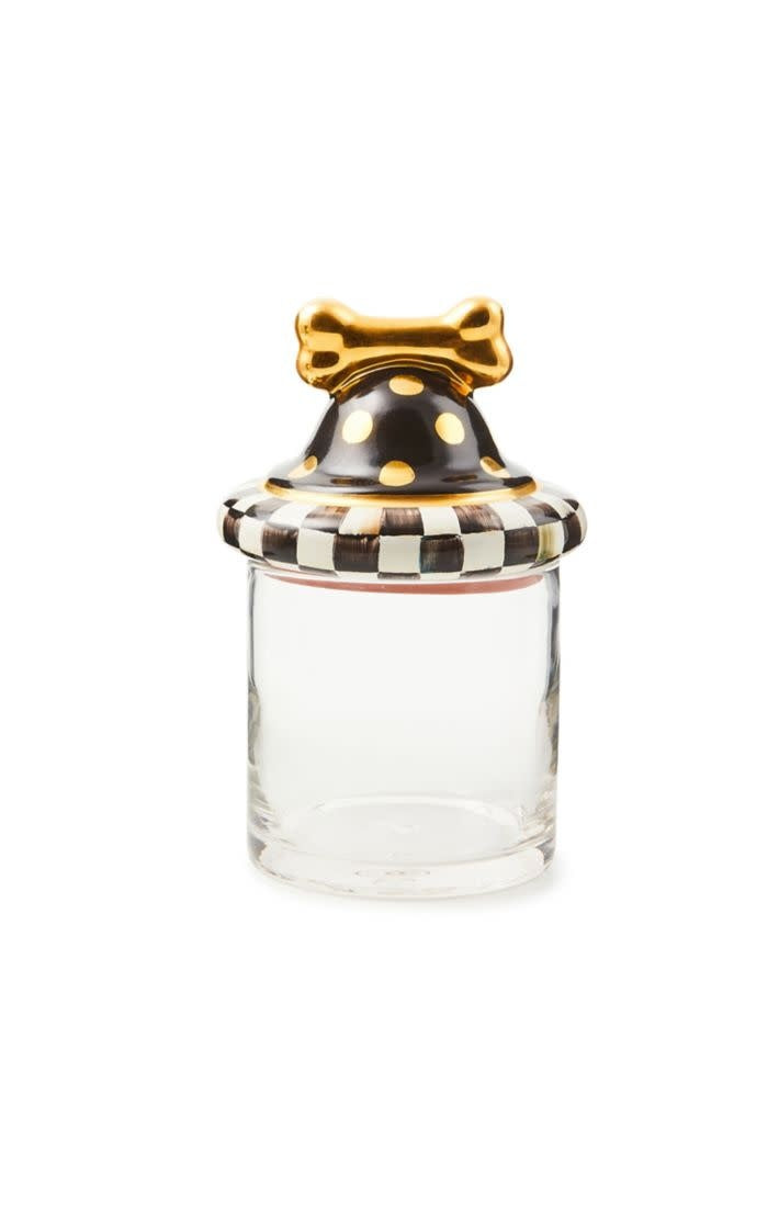 Courtly Canine ceramic cookie jar with dog bone lid featuring Courtly Check pattern and gold lustre accents on glass vessel