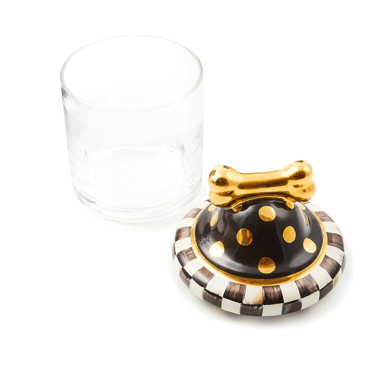 Ceramic cookie jar with Courtly Check gold lustre dog bone lid on glass vessel