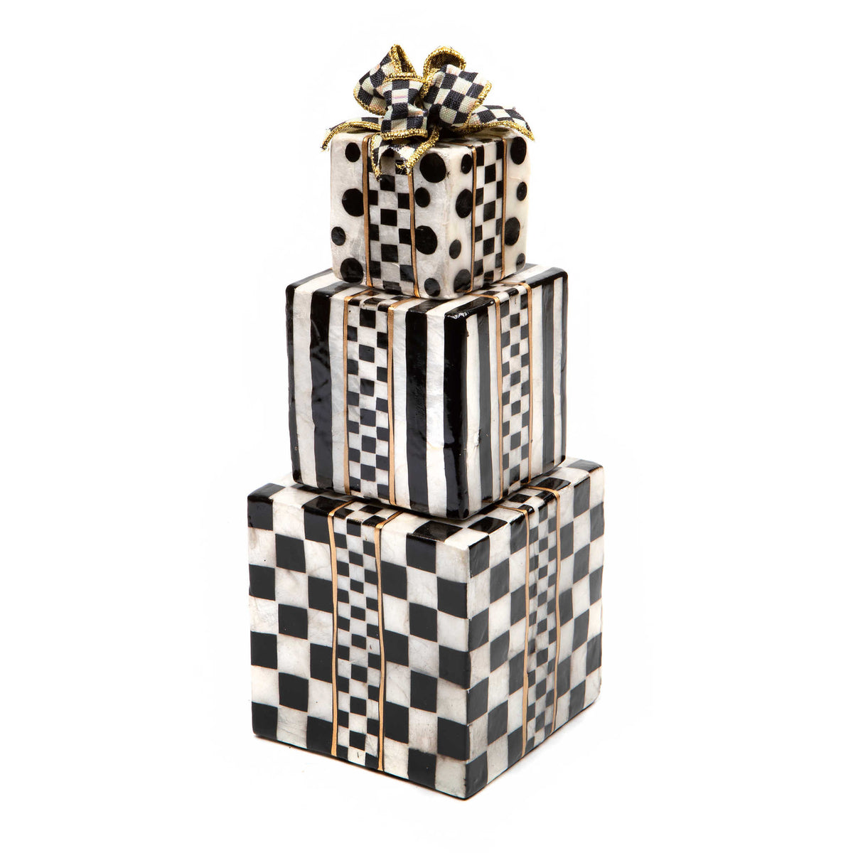 Three-tier Capiz gift tower with hand-painted patterns and Courtly Check ribbon accents.