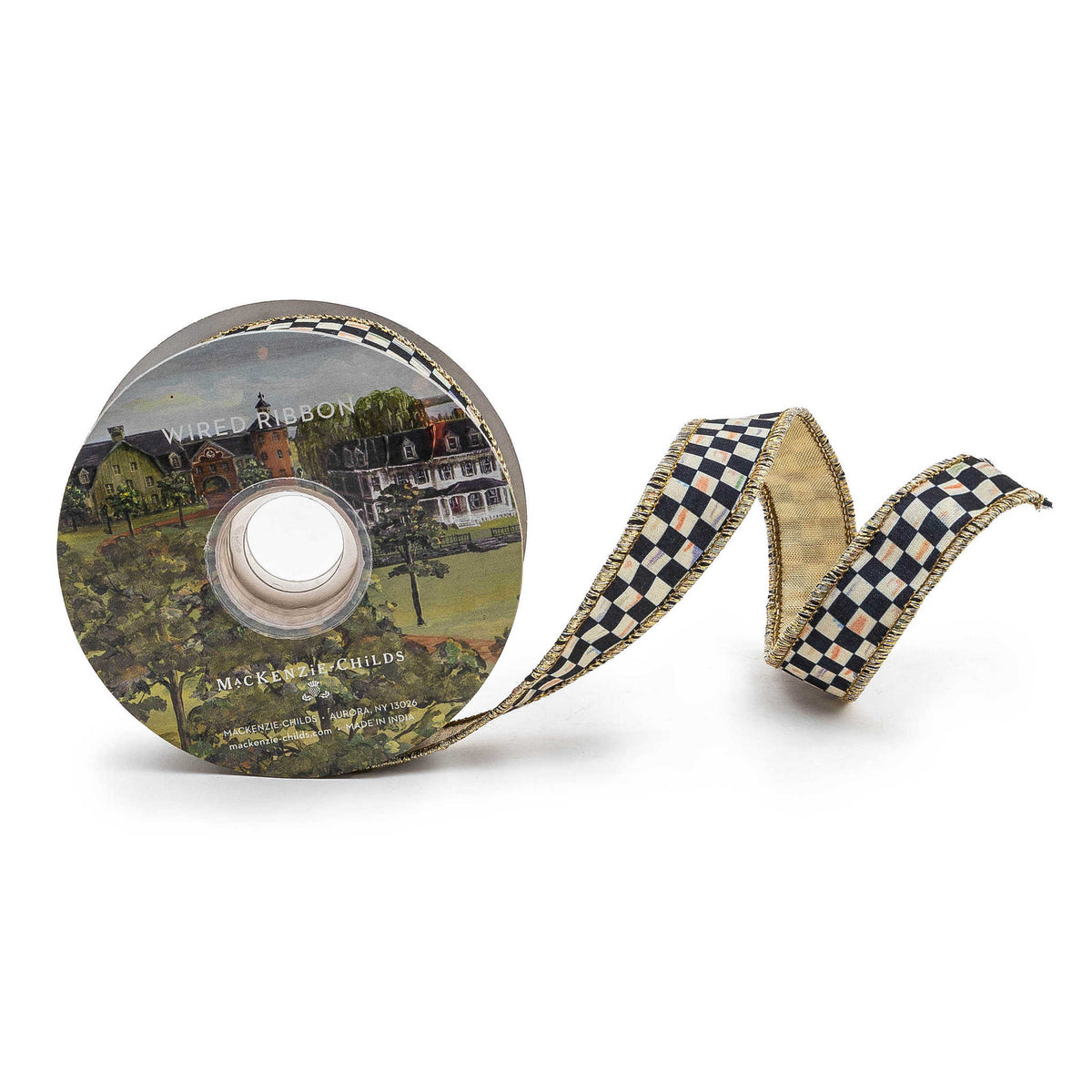 One-inch wide Courtly Check ribbon in poly fabric with a classic checkered pattern.