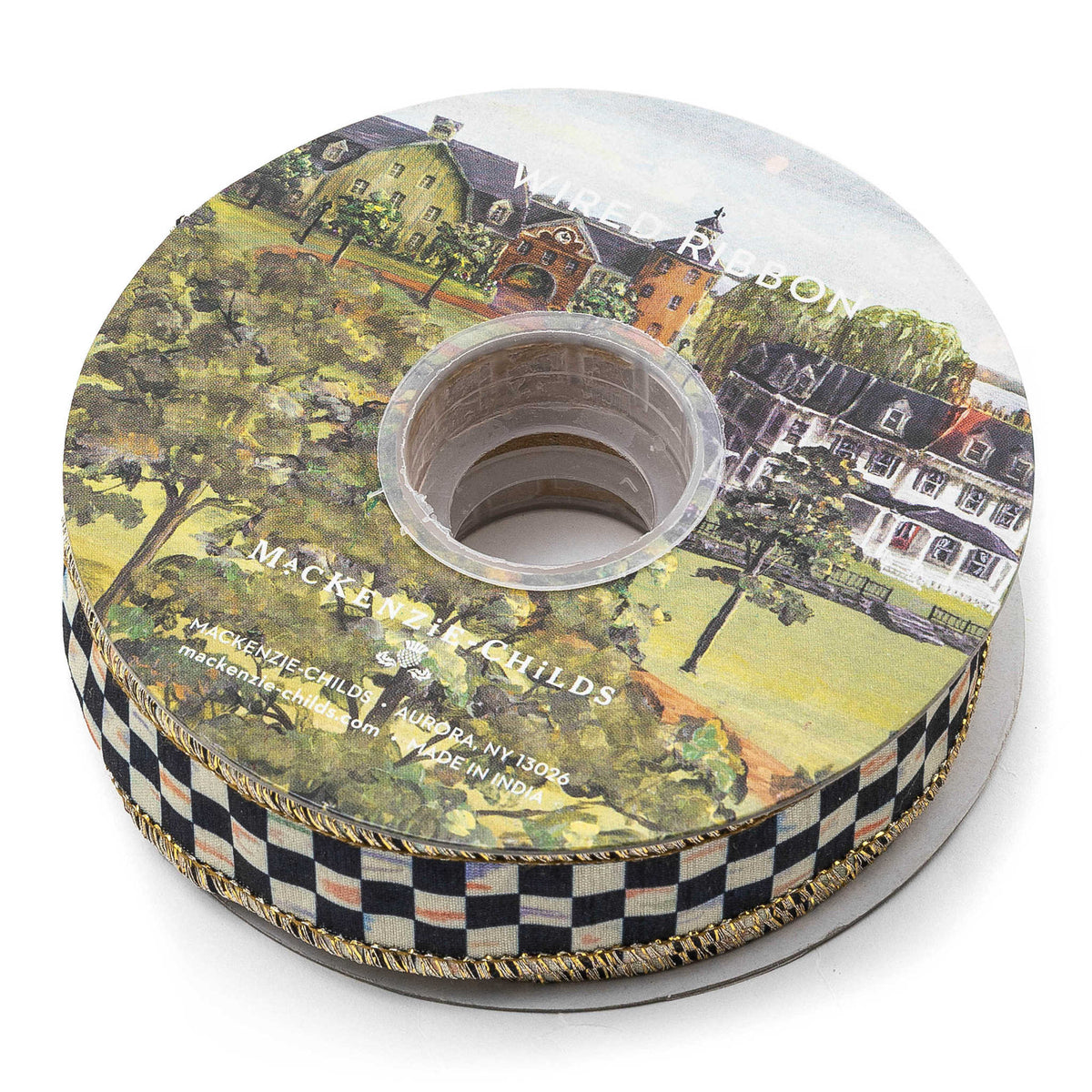 One-inch wide Courtly Check ribbon with a red and white checkered pattern on poly fabric.
