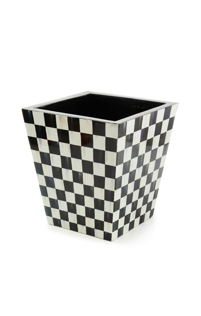 Fiberglass planter with Courtly Check decal featuring a geometric pattern in black and white.