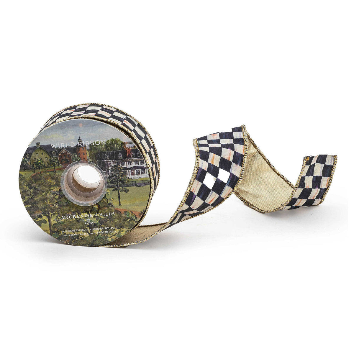 Poly fabric ribbon with a courtly check pattern in red, white, and blue measuring two inches wide.