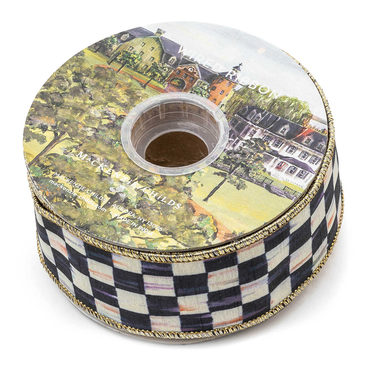 Poly fabric ribbon with a courtly check pattern in red, green, cream, and gold.