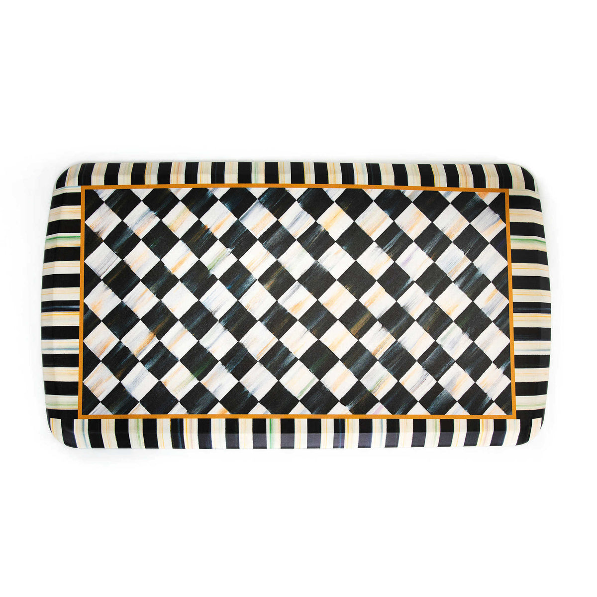 Courtly Check patterned gel comfort mat in beige with dark geometric lines.