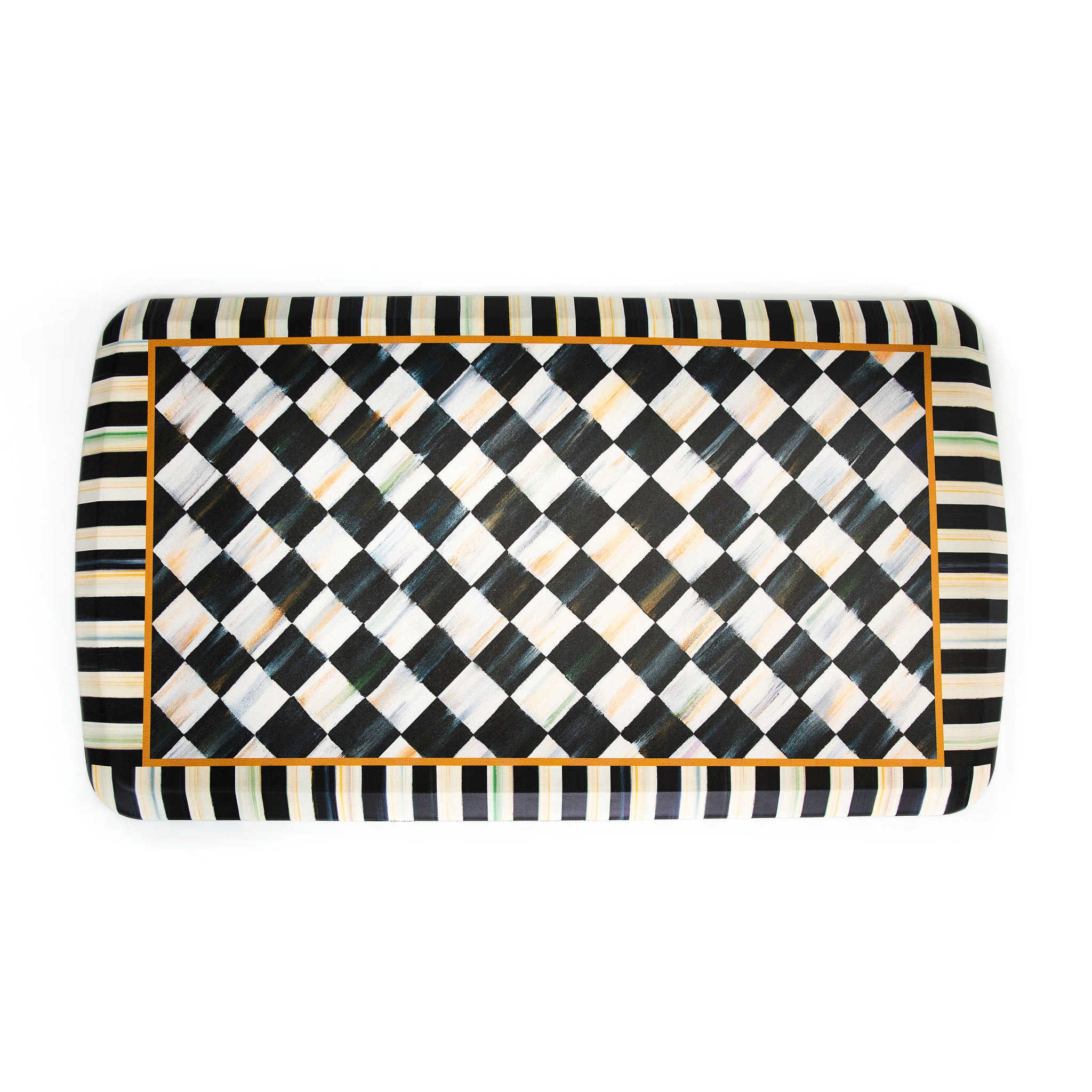 Courtly Check patterned gel comfort mat in beige with dark geometric lines.