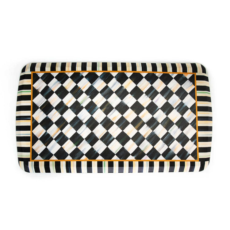 Courtly Check patterned gel comfort mat in beige with dark geometric lines.
