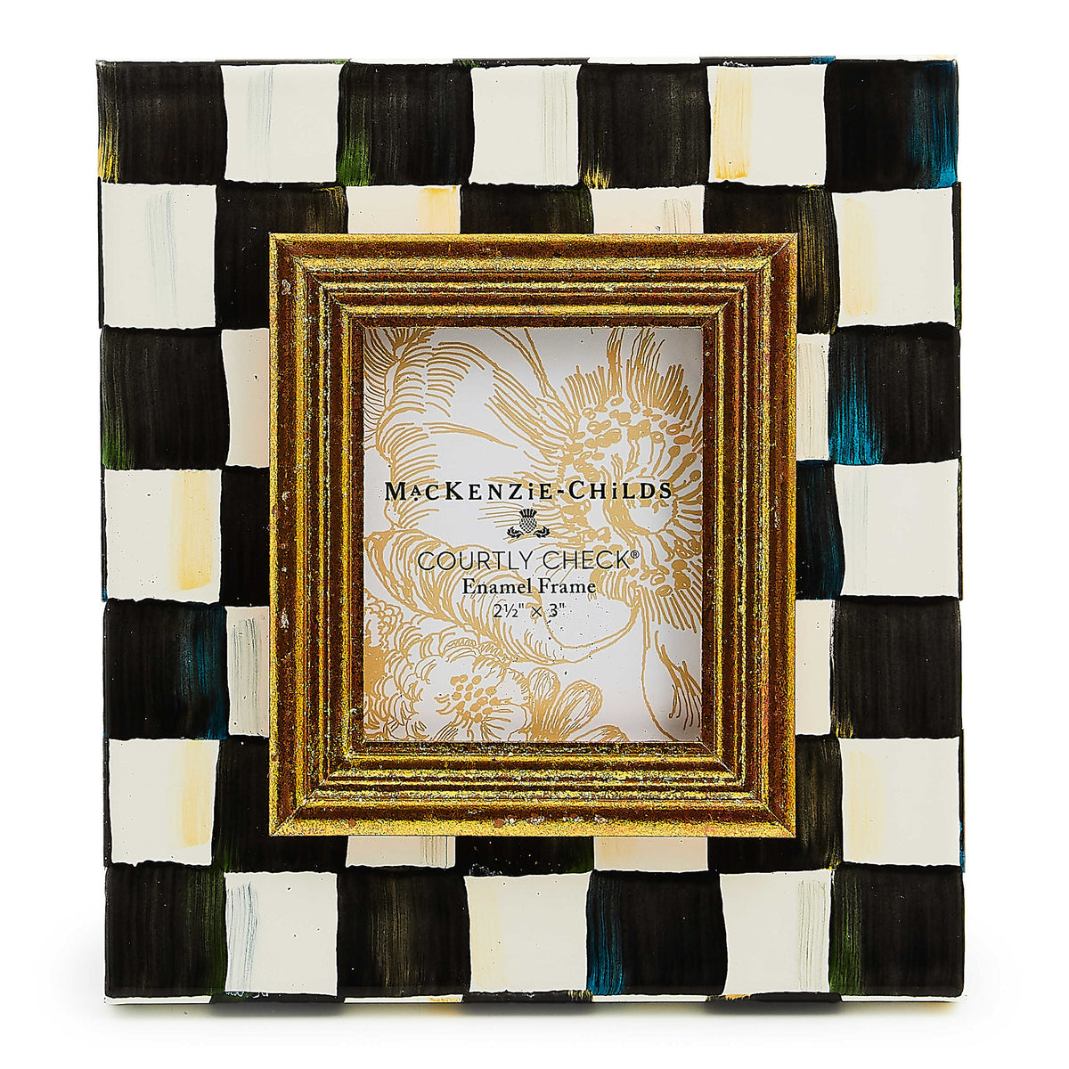 Hand-painted Courtly Check enamel frame with glass pane holding a photo.