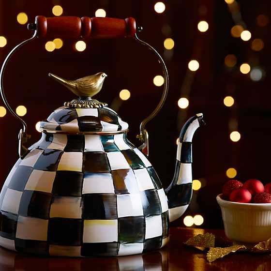 Courtly Check enamel tea kettle with bird motif in blue check pattern