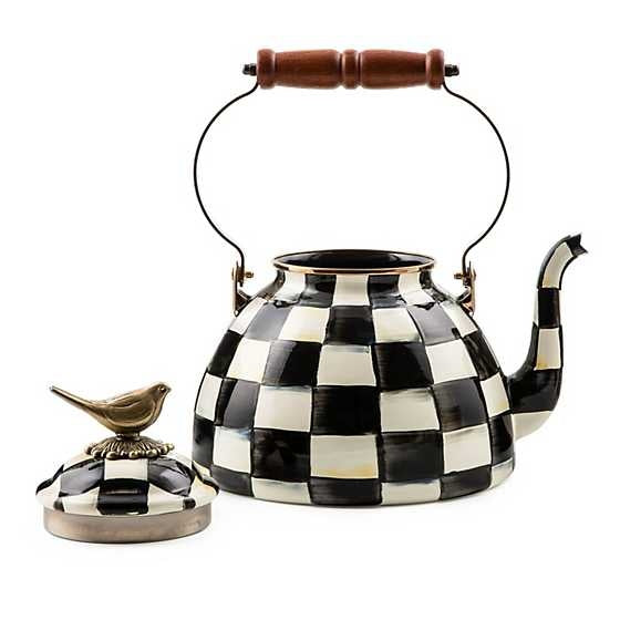 Courtly Check enamel tea kettle with bird motif in blue check pattern
