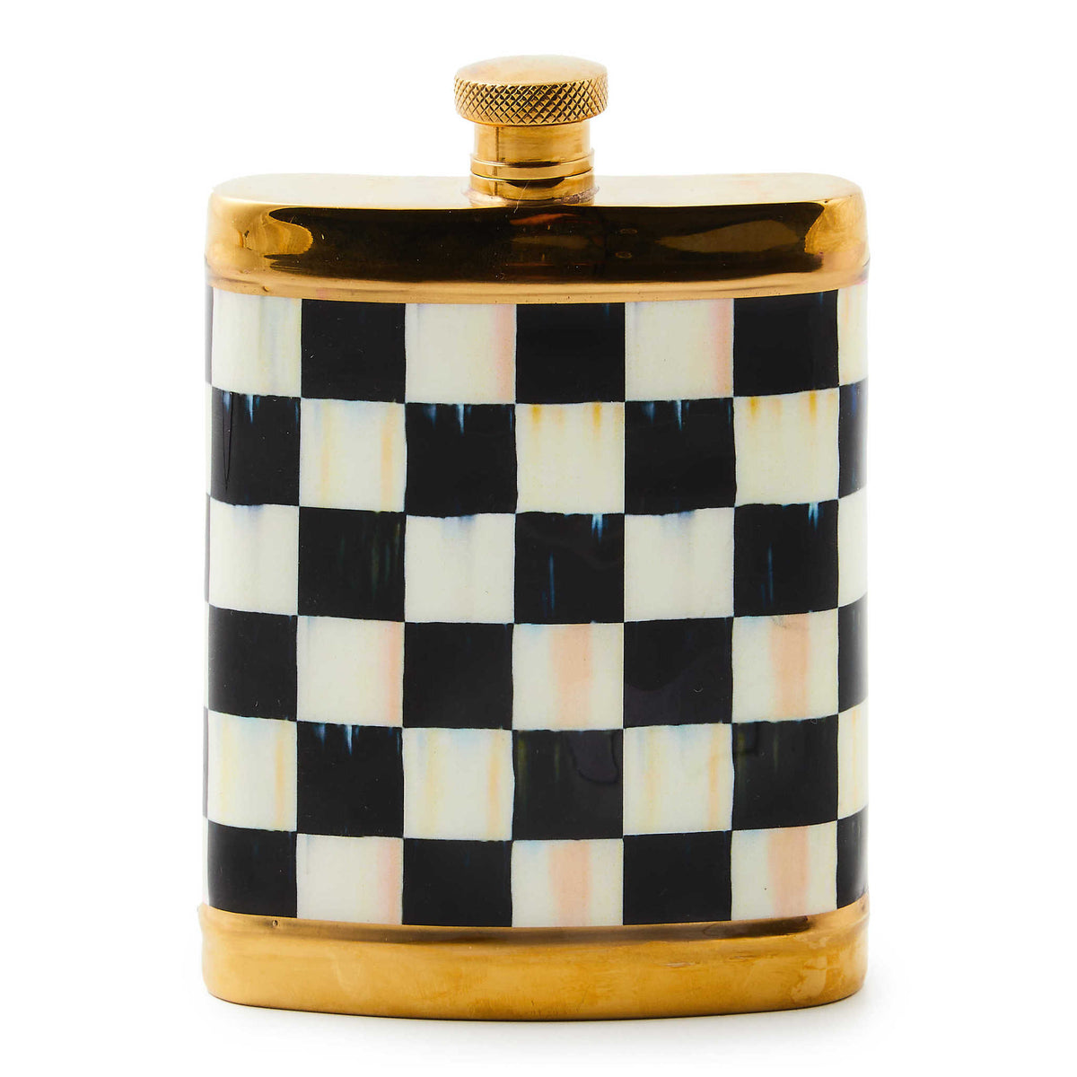 Gold-toned stainless steel flask with Courtly Check enamel pattern and small funnel