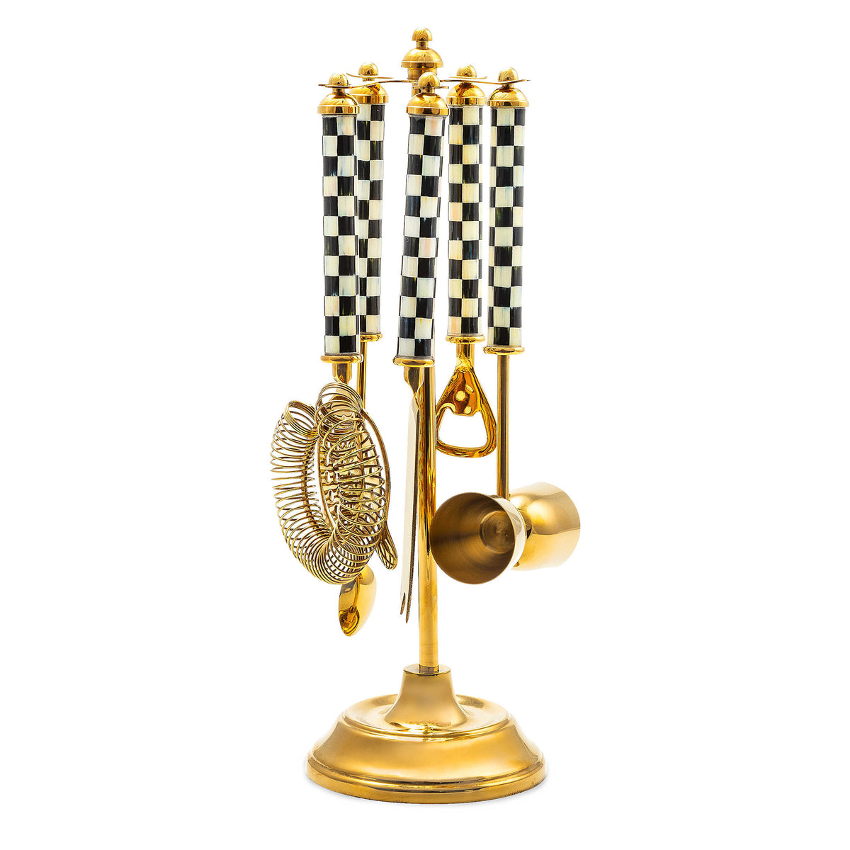Gold bar tool set with stainless steel pieces featuring a checkered enamel pattern.