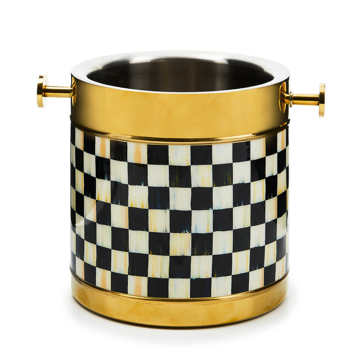 Stainless steel Courtly Check gold ice bucket with clear enamel coating holding drinks.