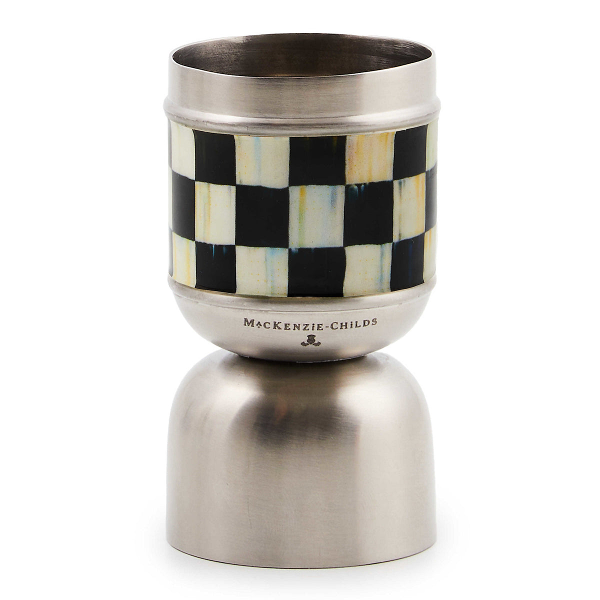 Stainless steel double-sided jigger with Courtly Check enamel pattern in black and white.
