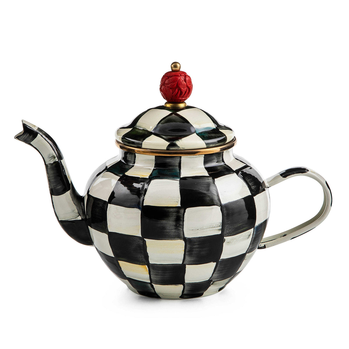 Hand-painted Courtly Check steel teapot with bronzed stainless rim and brass accents.